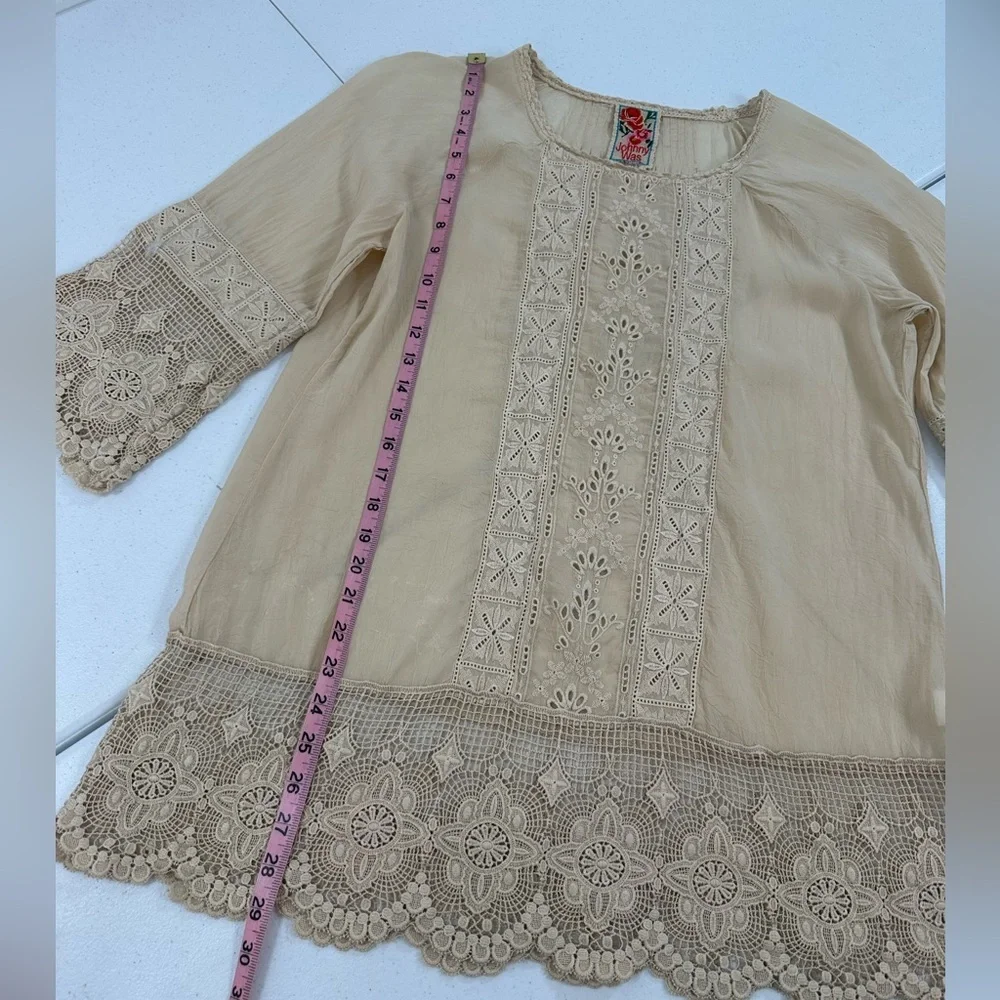 Johnny Was Beige Lace Embroidered Tunic Blouse Boho Romantic Festival Chic S